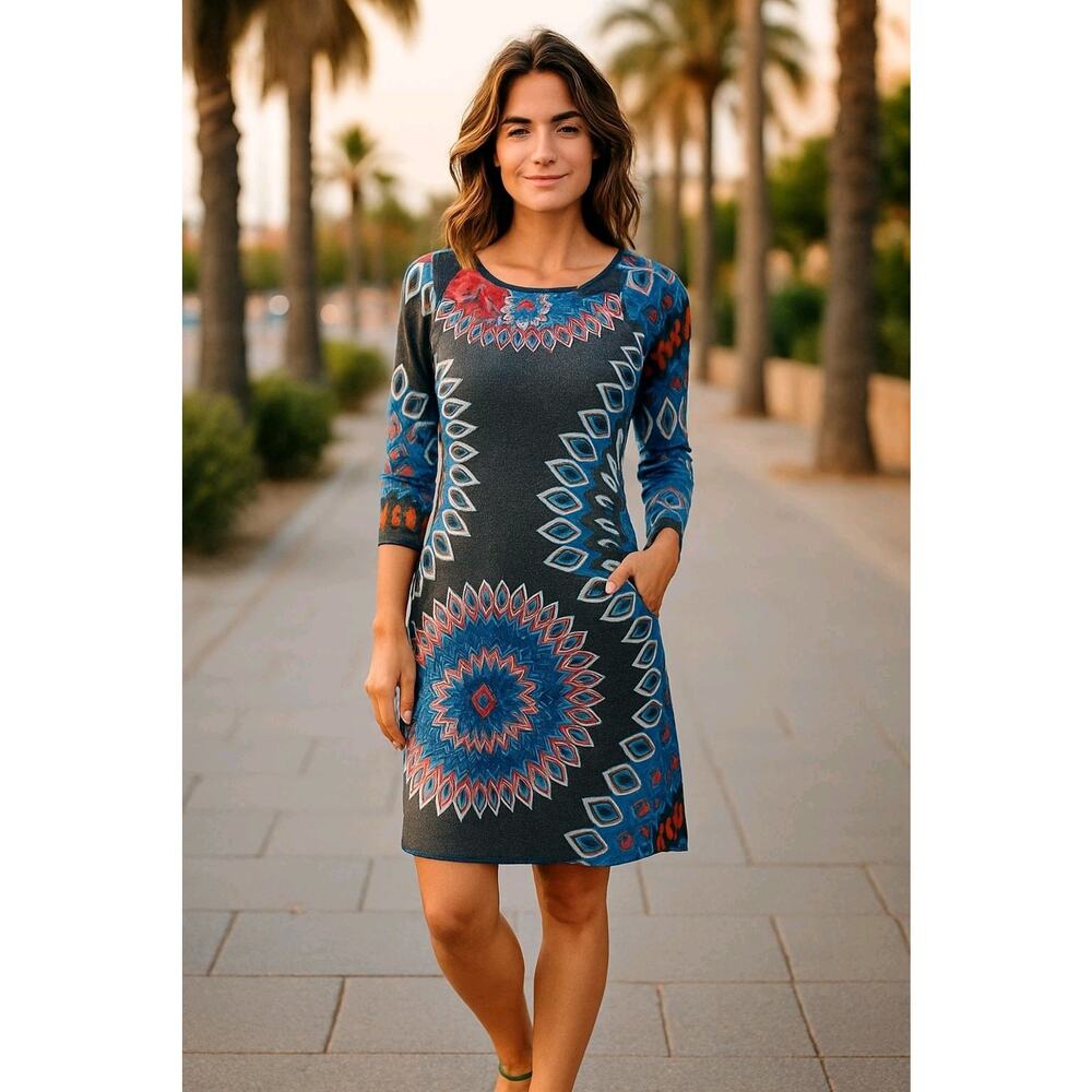 Aryeh Sweater Dress Women's S Small Geometric Sleeve Bold Pencil Knit Art
